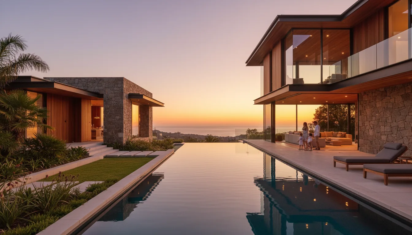 Luxurious modern Australian home at golden hour with pool and landscaped garden